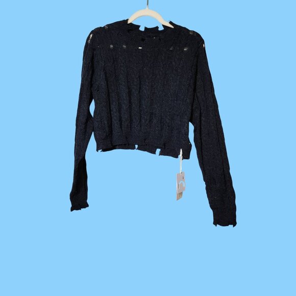 Commense Goth Grunge Distressed Black Knit Cropped Raw Hem Long Sleeves Sweater - Picture 3 of 6